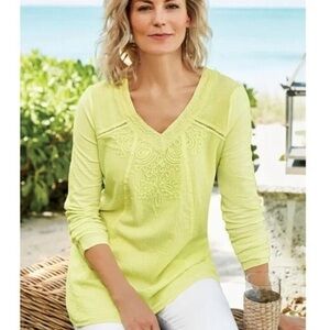 Soft Surroundings Azulle Embroidered Long Sleeve Blouse Size Petite Large